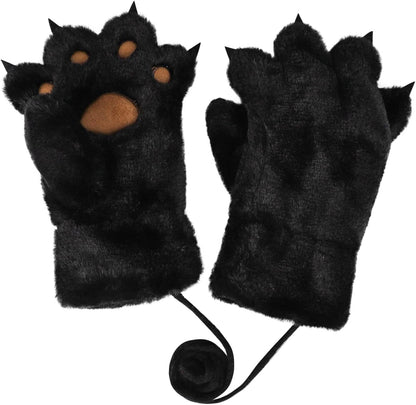 Women Girls Cat Bear Paw Claw Gloves Mittens Plush Warm Winter Animal Wolf Paw Handwear Cute Cartoon Claw Mittens with String Cosplay Party Halloween Christmas