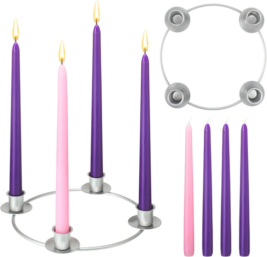 5 Packs Christmas Advent Wreath Ring Set Silver Christmas Advent Candles Holder with 4 Pcs Advent Candles 3 Purple and 1 Pink Taper Candles Christmas Advent Ring Set for Church Home