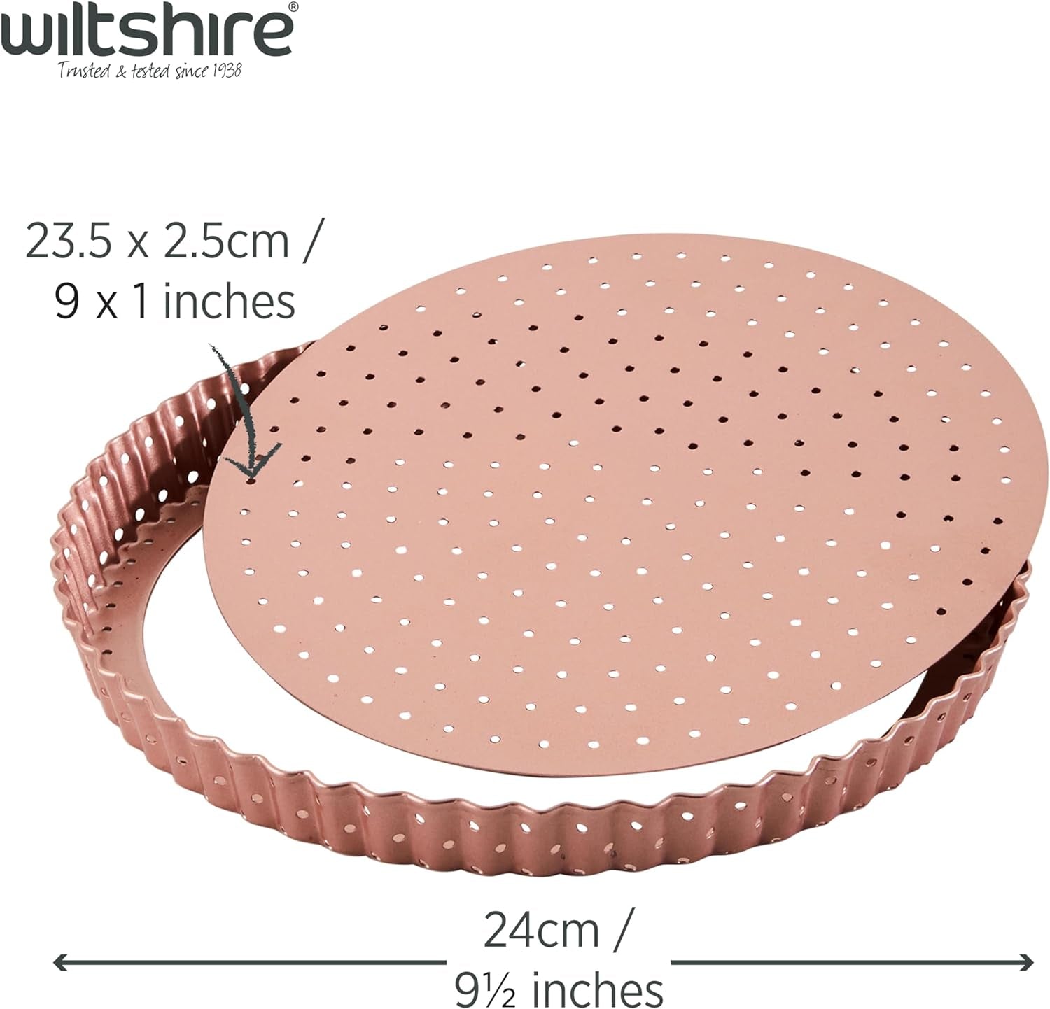 Rose Gold round Quiche and Tart Pan, PFOA PTFE Free, Perforated Sheet Bakeware, Circular Pastry Mould with Removable Base, Non-Stick, 24X24X2.5Cm