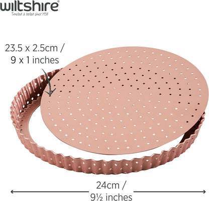 Rose Gold round Quiche and Tart Pan, PFOA PTFE Free, Perforated Sheet Bakeware, Circular Pastry Mould with Removable Base, Non-Stick, 24X24X2.5Cm