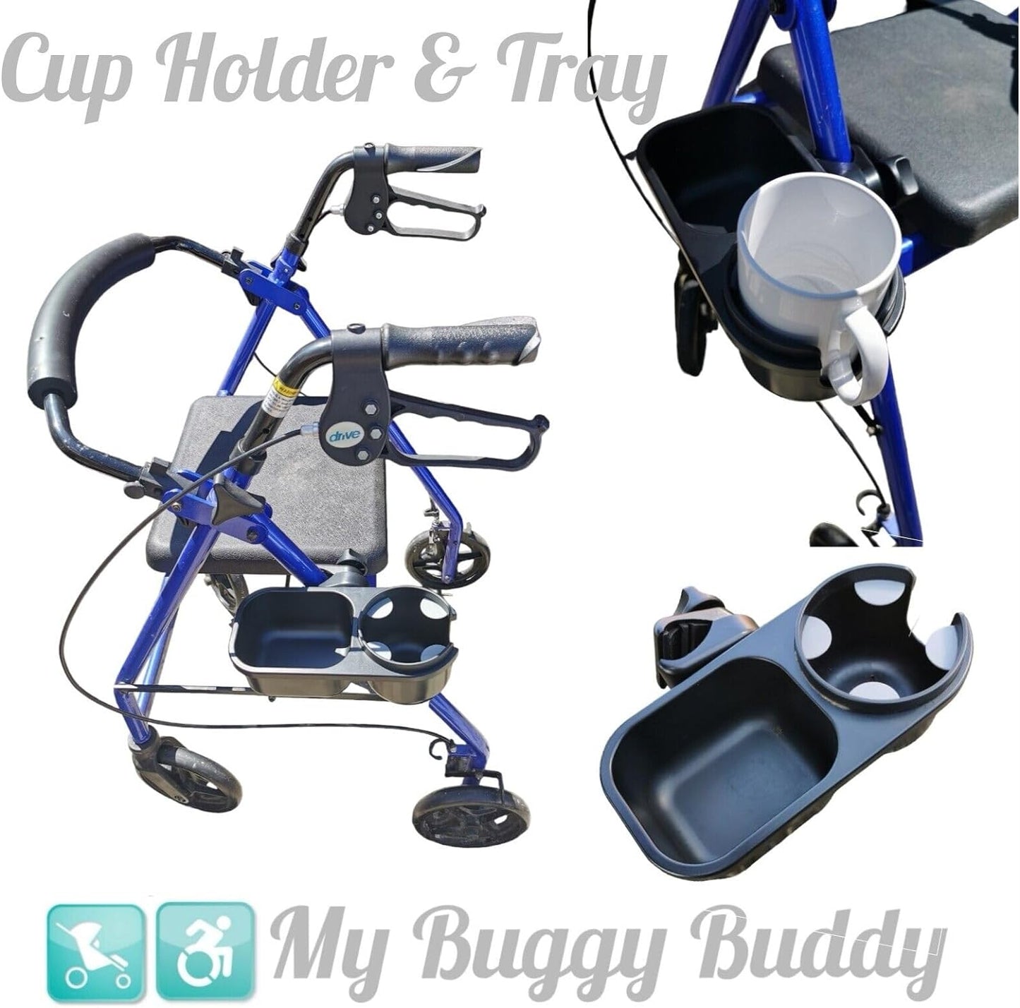 Cup Holder with Tray ; Ideal for Bottle, Keys, Snacks, Cell Phones ; Universal Fit with Any Pushchair, Pram, Buggy, Stroller, Rollator, Wheelchair, Walking Frame