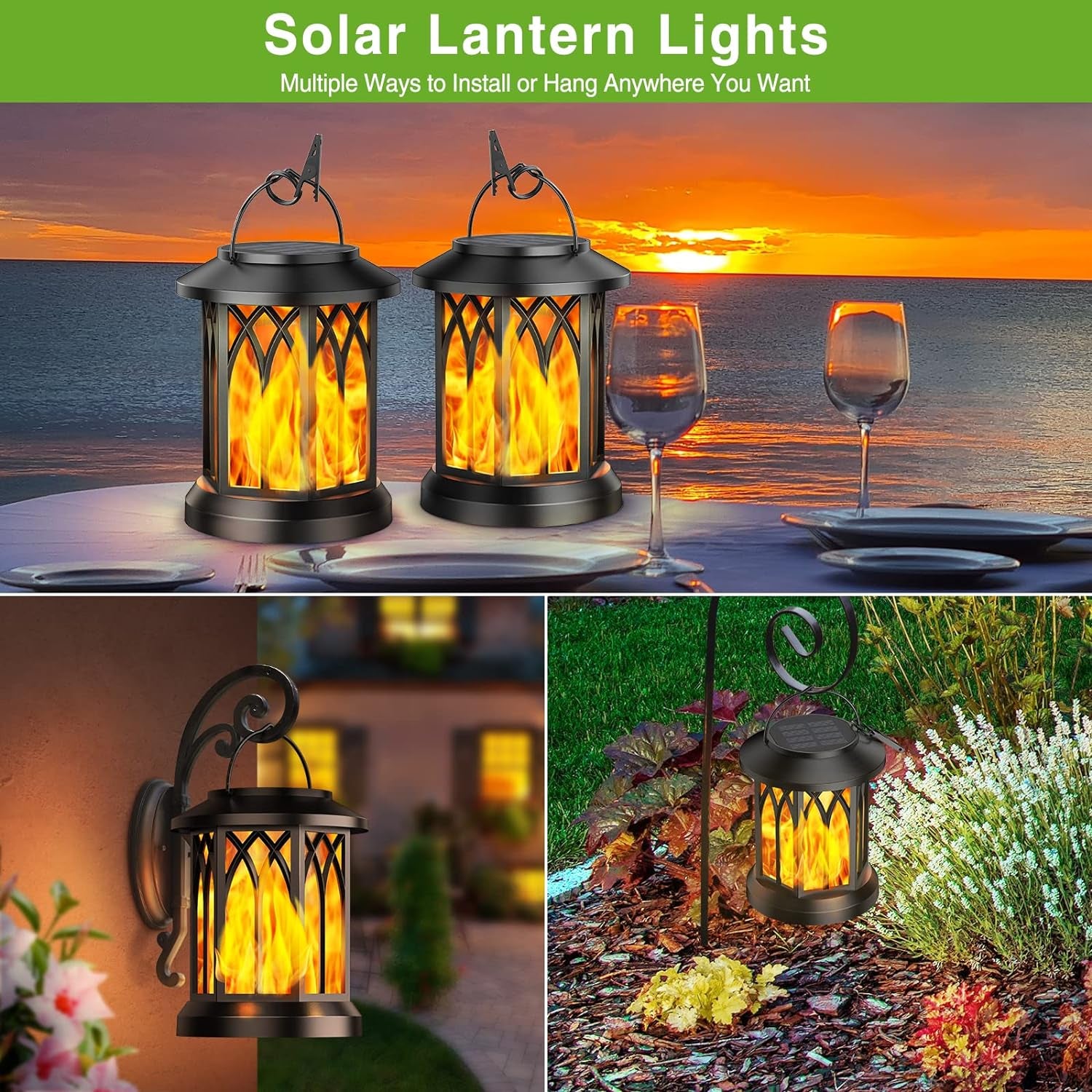 Solar Lights Outdoor Garden, 2 Pack Hanging Solar Garden Lanterns with Realistic Flickering Flame LED, Waterproof Flame Effect Solar Garden Ornaments for Decoration Garden Pathway Patio