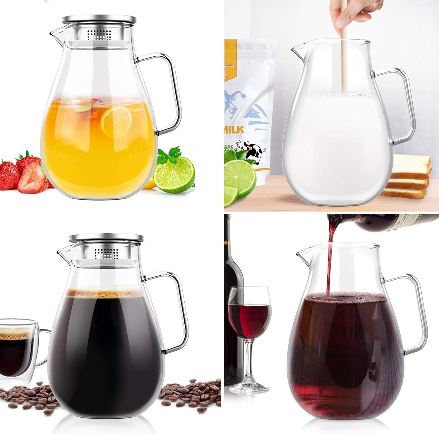 Glass Pitcher 2.0 Liter Fridge Jug 68 Ounces Carafes 304 Stanless Still Lid with Filter Hot Cold Iced Water Wine Coffee Milk Tea Juice Beverage Bottle with Stir Stick and Brush (2000Ml)