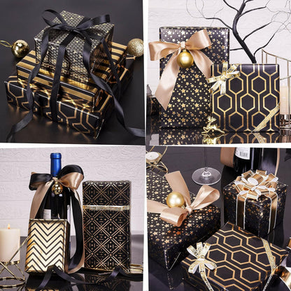 Wrapping Paper, Black and Gold Birthday Wrapping Paper W/Bow & Sticker, 6 Foil Design Gift Wrap Set, Luxury Gift Wrapping Paper Sheet for Birthday, Christmas, Anniversary, New Year, 70X50Cm