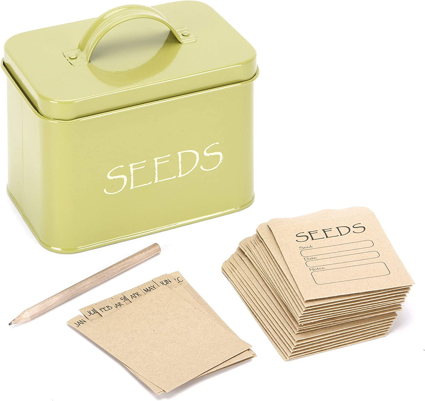 Steel Seed Storage Box Organiser in Green. Compact Seed Packet Container with Lid Complete with Monthly Dividers, 20 Envelopes and Pencil