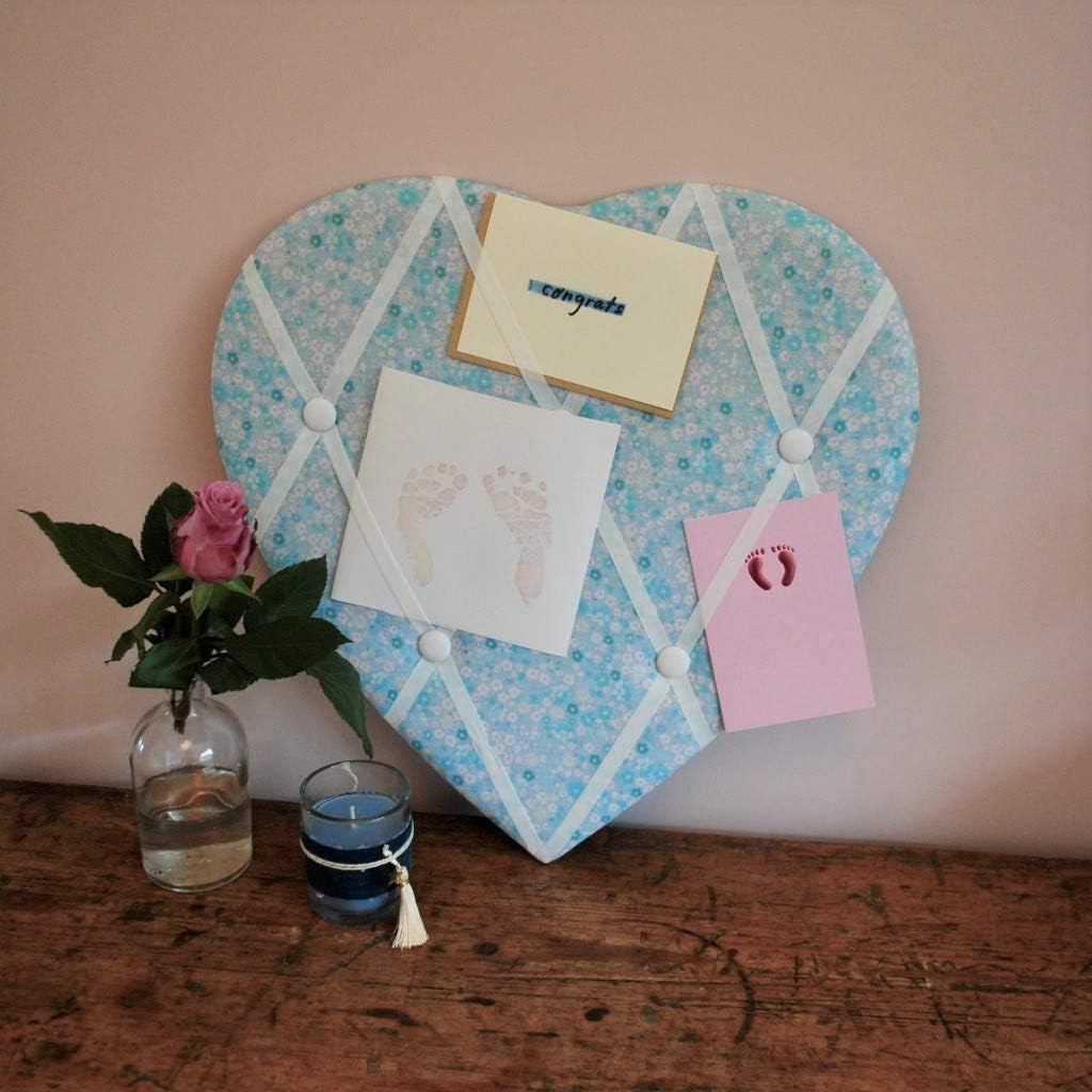 Blue Ditsy Floral Fabric Heart Padded Memo Notice Pin Board | Photo Memo Holder Display Board