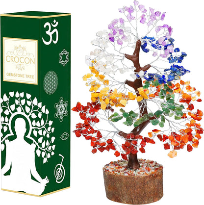 Seven Chakra Gemstone Tree Feng Shui Figurine Money Bonsai Good Luck Reiki Healing Crystals Balancing Decoration Ornament Sculpture Wealth Prosperity Table Room Decor Gift Size 10-12"