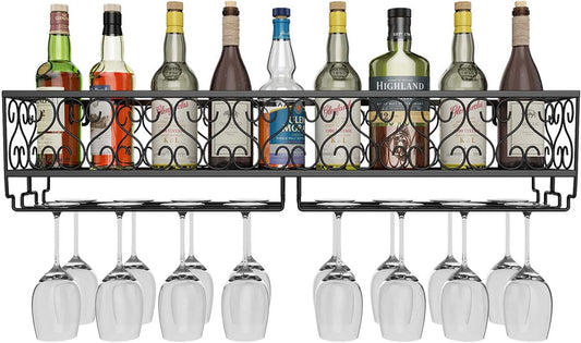 ® W-612 Metal Black Wall Hanging Mounted Wine Champagne Glass Goblets Stemware Rack Holder, 80 X 20 Cm Hold up to 18 Bottles Wine and 18 Cups Glasses