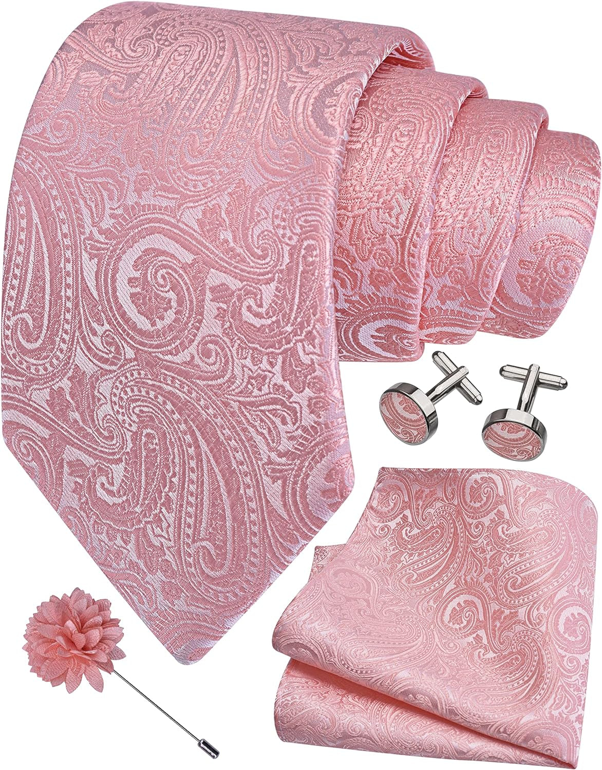 3.15"（8Cm） Mens Tie and Lapel Pin Paisley Necktie Hankerchief Cufflinks Set for Men