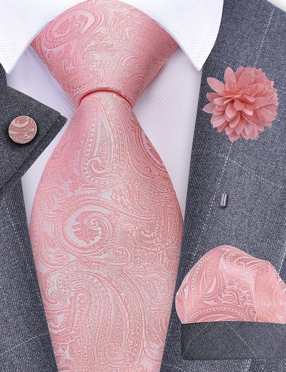 3.15"（8Cm） Mens Tie and Lapel Pin Paisley Necktie Hankerchief Cufflinks Set for Men