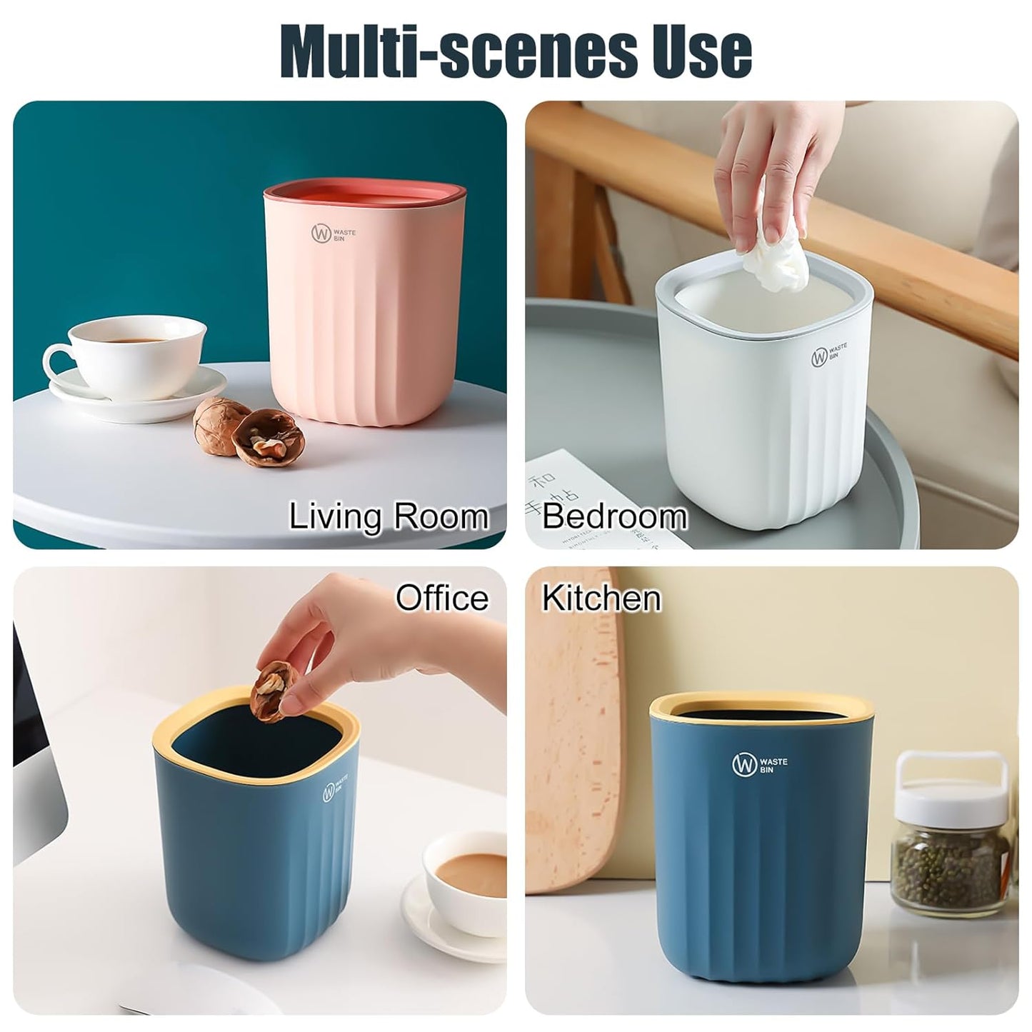 3PCS Mini Desktop Trash Bin, Small Wastebasket Bathroom Bins with 6 Rolls Bin Liners, Colourful Tea Bag Trash Can 12.7*13.7*15Cm, Desk Compact Design Cosmetic Bin for Office, Vanity Tabletop