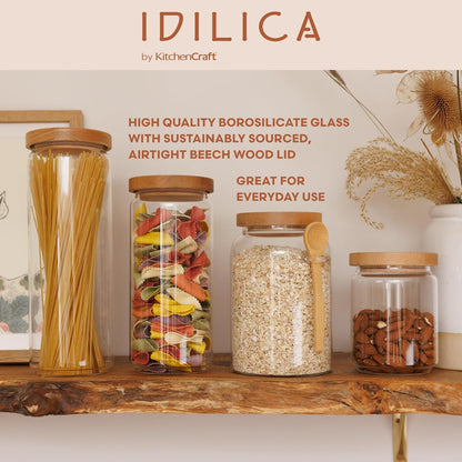 Idilica Glass Storage Jar with Beechwood Lid and Bamboo Spoon, Airtight Glass Canister with Wooden Lid for Kitchen Storage and Organisation, 1200Ml