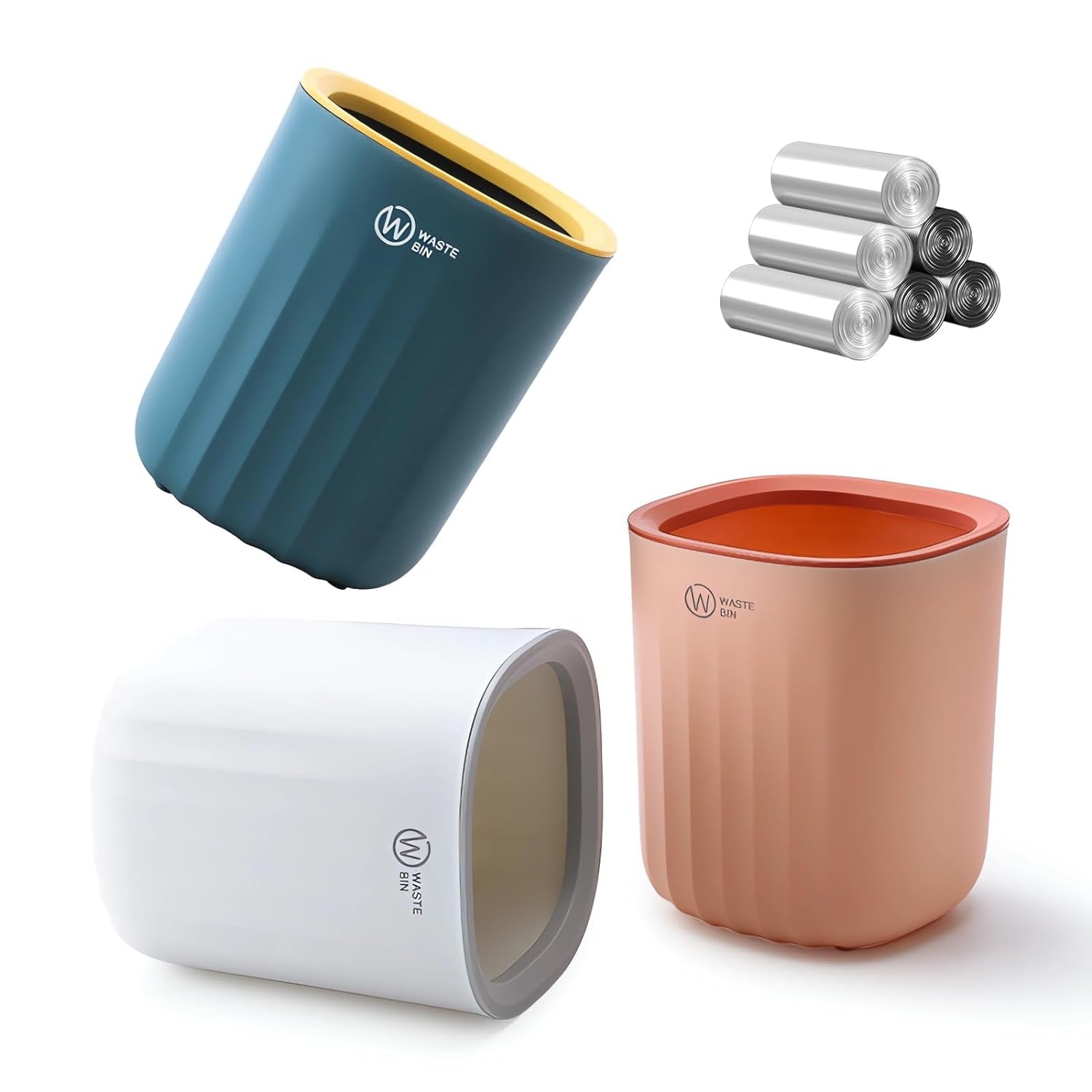 3PCS Mini Desktop Trash Bin, Small Wastebasket Bathroom Bins with 6 Rolls Bin Liners, Colourful Tea Bag Trash Can 12.7*13.7*15Cm, Desk Compact Design Cosmetic Bin for Office, Vanity Tabletop