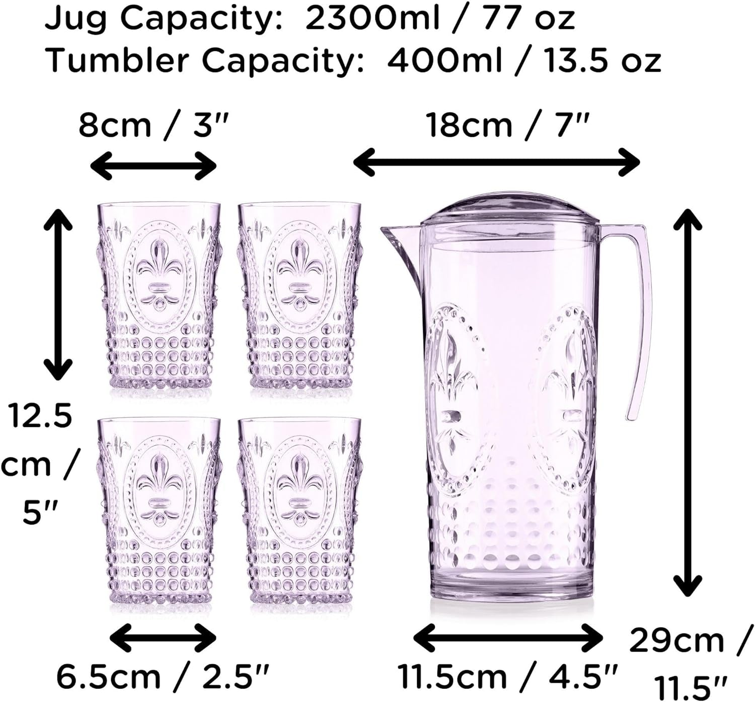 Pimms Jug and Glasses Set - Plastic Jugs and Glass Set for Parties - Water Pitcher Jug with Lid Set of 5 - Baroque Style - 2300Ml