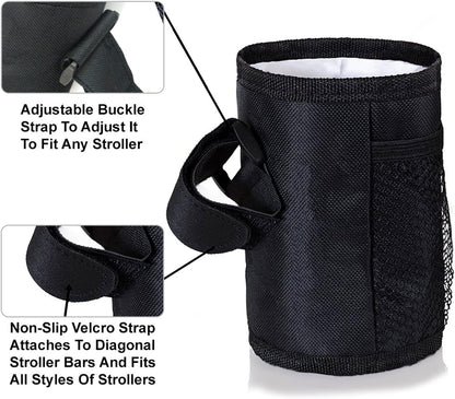 Universal Pushchair Bottle Holder – 1 Piece Multifunctional Fabric Water Cup Holder for Bike, Folding and Portable Coffee Cup Holder (Black)