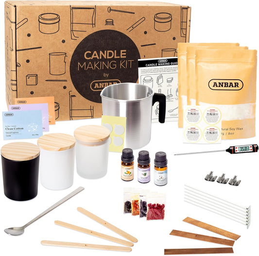 DIY Candle Making Kit for Adults with Natural Soy Wax, Cotton Wicks, Essential Oils, Glass Jars, Thermometer, Labels, and Essential Accessories for Scented Votive Candles, Fun Hobby Crafting Set