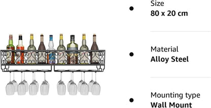 ® W-612 Metal Black Wall Hanging Mounted Wine Champagne Glass Goblets Stemware Rack Holder, 80 X 20 Cm Hold up to 18 Bottles Wine and 18 Cups Glasses