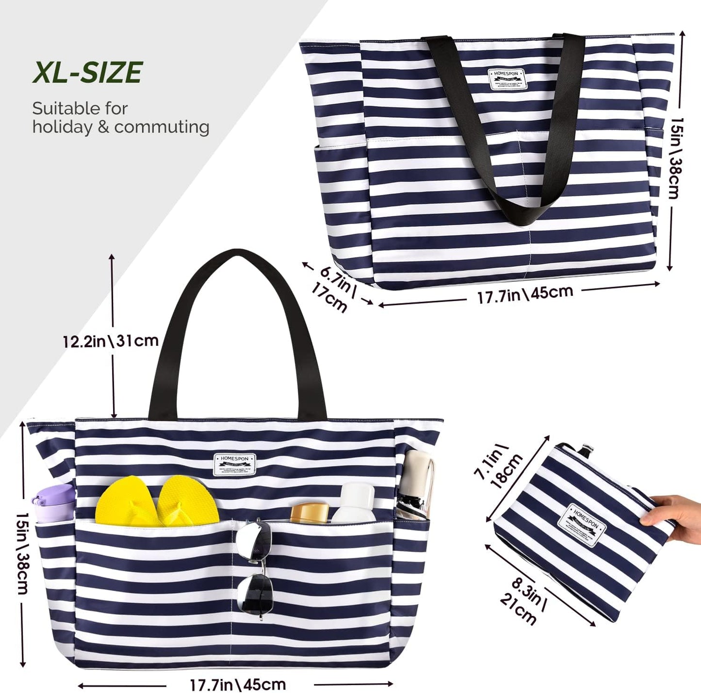 Large Waterproof Beach Tote Bag for Women with Zip and Pockets Foldable Handbag for Travel Pool Shopping Holiday Gym(Blue Stripes)