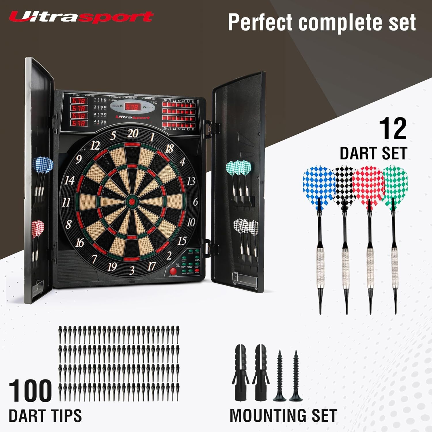 Electric Dartboard, with and without Doors, Dart Machine for up to 16 Players, Including Throw Line, 12 Darts and 100 Soft Tips, Suitable for Parties and Game Nights