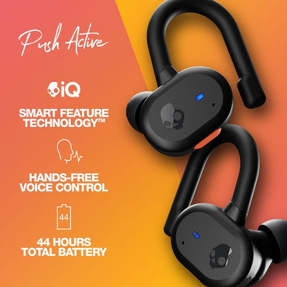 Push Active In-Ear Wireless Earbuds, 43 Hr Battery, Skull-Iq, Alexa Enabled, Microphone, Works with Iphone Android and Bluetooth Devices - True Black/Orange