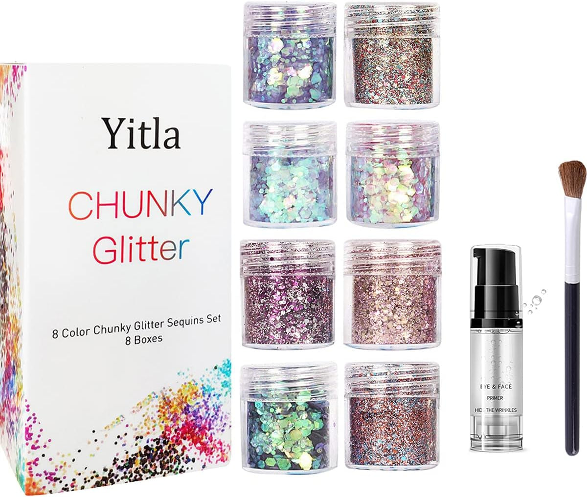 8 Color Face Glitter Cosmetic Glitter, for Body, Cheeks and Hair, Festival and Party Beauty Makeup - Includes Long Lasting Fix Gel and Brush