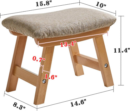 Wooden Footstool, Foot Stool Ottoman Pouffe Padded Chair Stool with Removable Cover 4 Beech Legs Suitable for Bedroom, Living Room and Kitchen, (Natural Leg + Beige Cushion), YDEU-1358