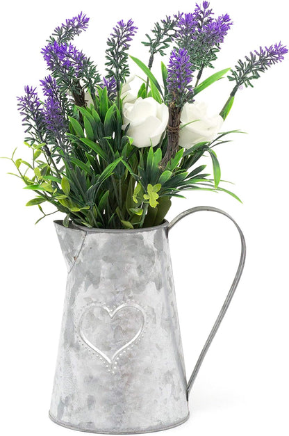 38Cm Artificial Flower Arrangement Ivory Rose and Lavender Flower ~ Faux Floral Home Decoration - Vintage Heart Metal Jug Vase