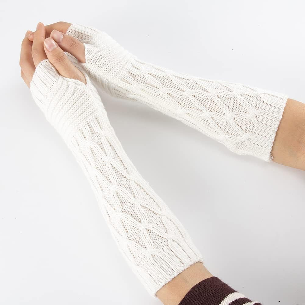 2 Pairs Winter Knitted Arm Gloves Warm Arm Sleeves Thermal Arm Warmers Long Fingerless Gloves with Thumb Holes Black and White