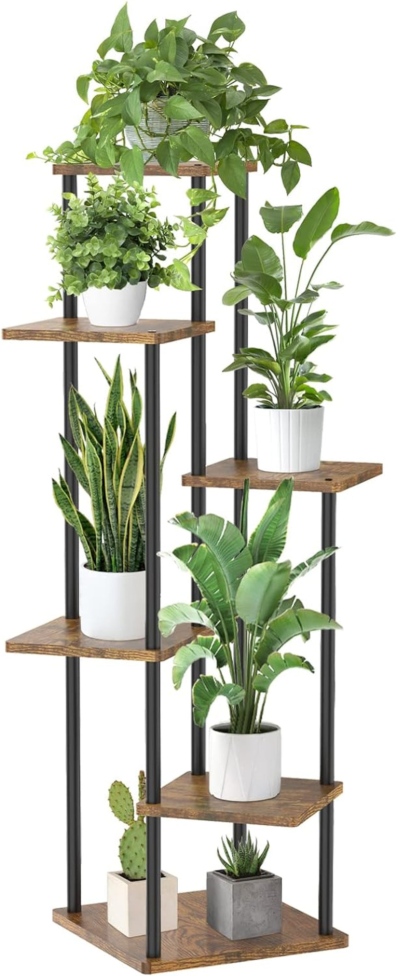 6 Tier Tall Corner Plant Stands Indoor Outdoor, 115Cm Large Metal Wood Plant Stand Flower Shelf for Multiple Plants, Tiered Plant Holder Rack for Balcony Garden Patio Living Room (Black)