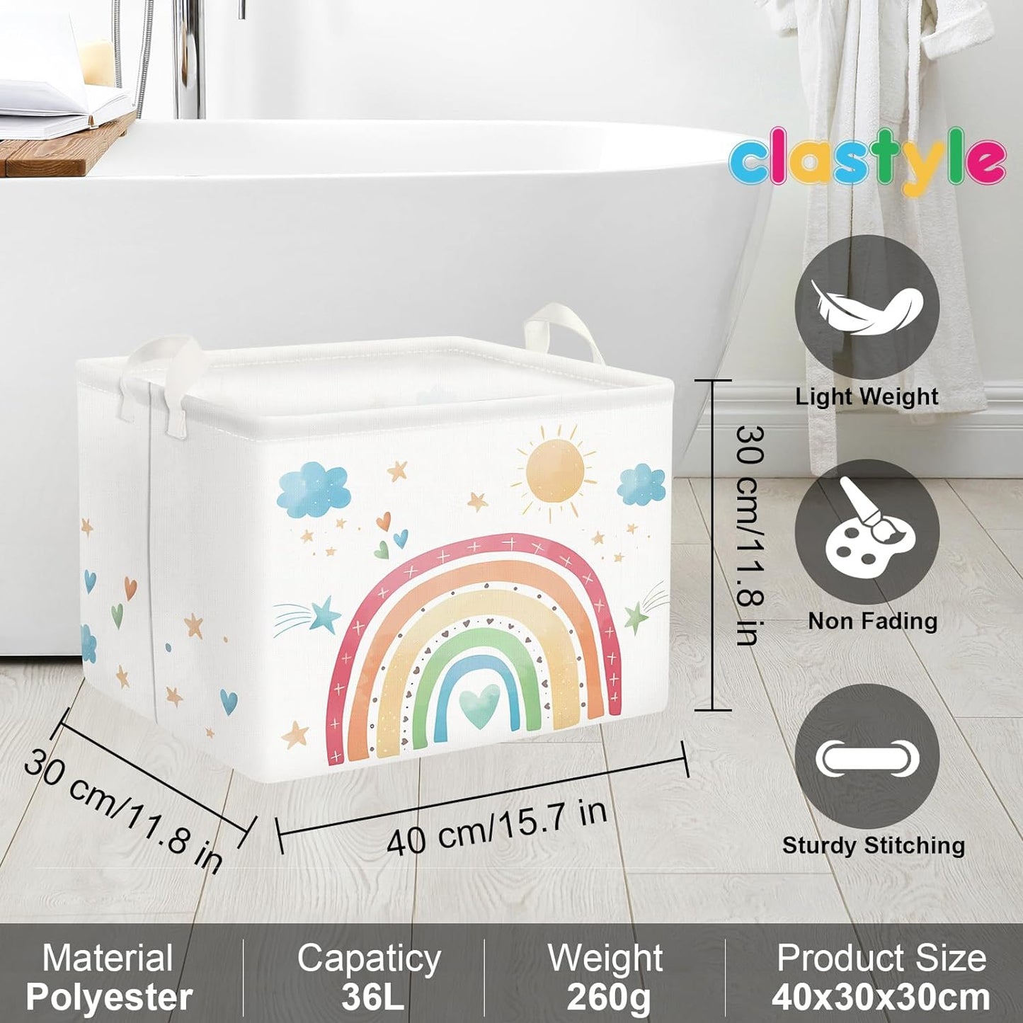 Rainbow Cloud White Toy Storage Basket for Baby - Kids Storage Box for Clothes Book in Bedroom, Playroom, Washing Room, 15.7X11.8X11.8 In