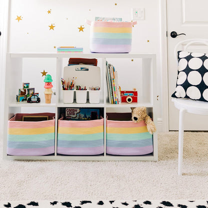 Set of 3 Toy Storage Baskets | Woven Nursery Storage Basket | Rainbow Blanket Basket | Cotton Rope Toilet Roll Basket | Woven Basket for Towel Storage | Bathroom Storage Baskets for Shelves