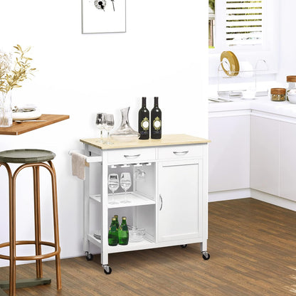 Kitchen Storage Trolley Cart Cupboard Rolling Wheels Shelves Cabinet Island W/Drawers Towel Rail Wine Glass Rack Pine Wood Worktop White