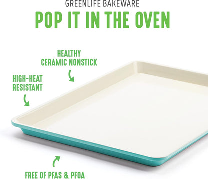 Healthy Ceramic Non-Stick 2-Piece Baking Tray Set, 33 Cm X 23 Cm Pfas-Free, Turquoise