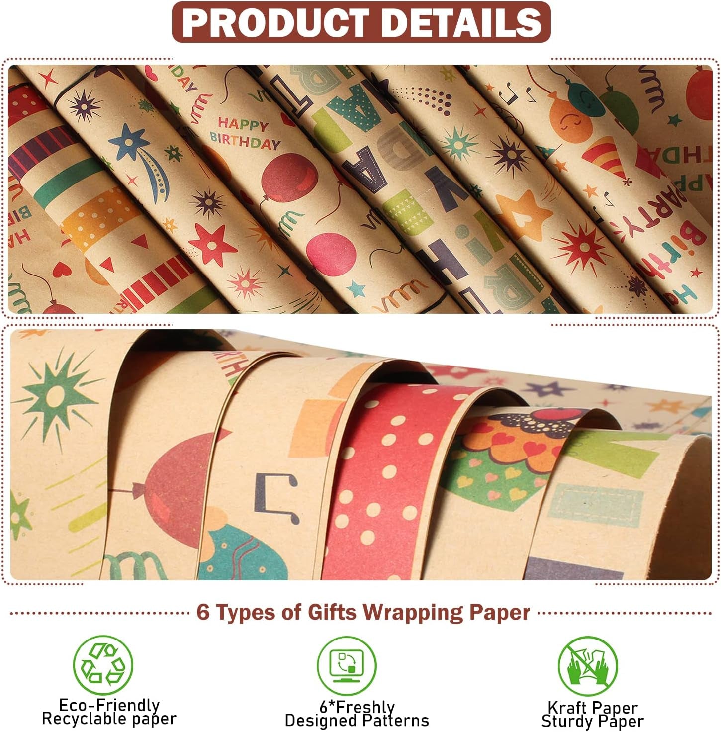 Gift Wrapping Paper - Birthday Wrapping Paper Set Included 6 Pack Eco Friendly Recyclable Premium Gift Wrap Perfect for Birthday, Party or Wedding Gift