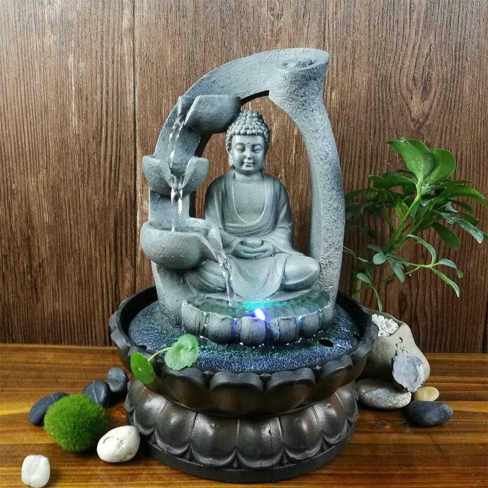 Buddha Tabletop Waterfall Fountain Meditation Relaxing Indoor Decoration, Zen Fountain for Home, Office, Bedroom Decoration(Grey 2)