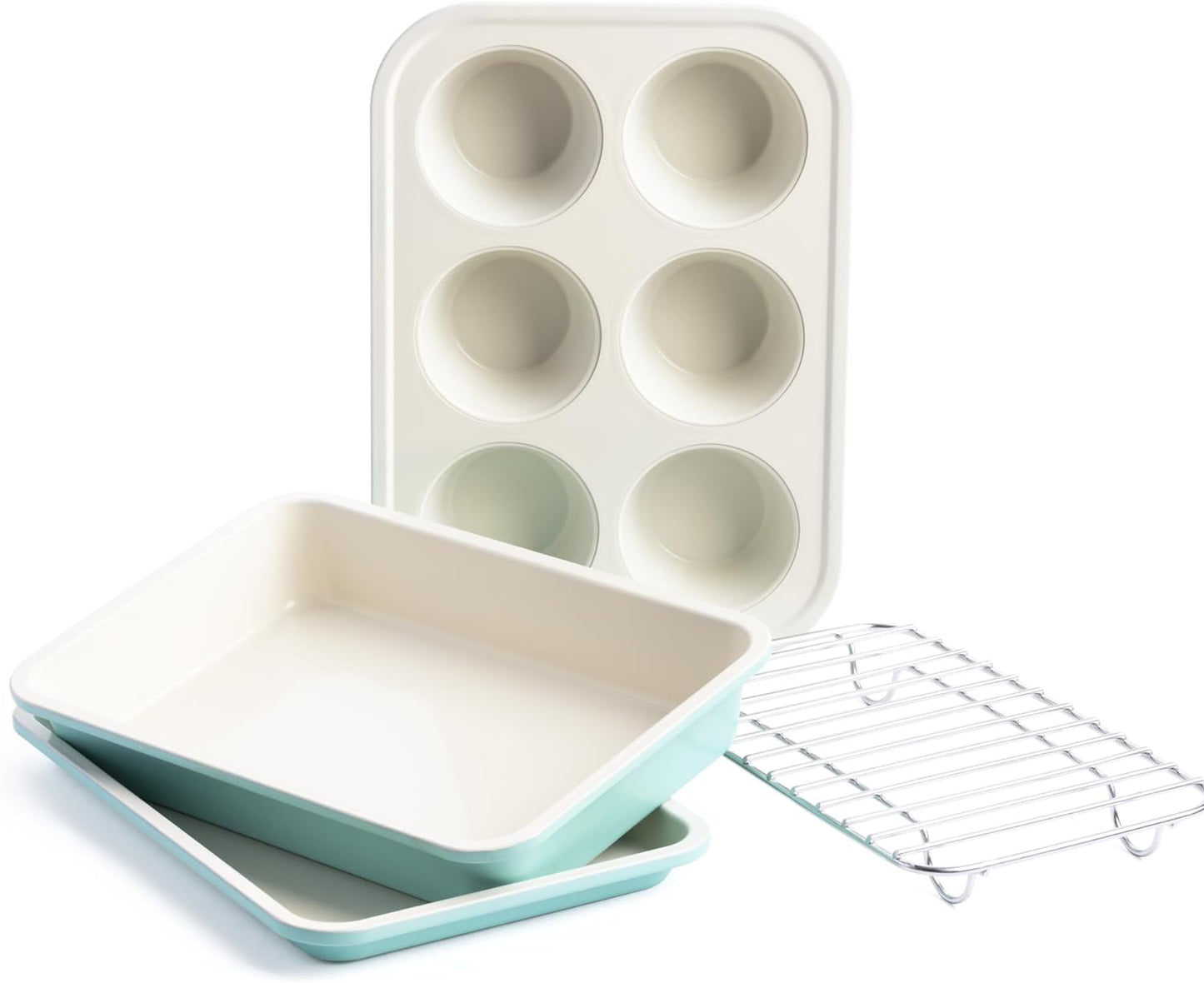 Bakeware Healthy Ceramic Nonstick Toaster Oven Mini 4 Piece Baking Set, Includes 6-Cup Muffin Tin, Rectangular Cake Tin, Baking Tray & Cooling Rack, Pfas-Free,Oven Safe up to 230°C,Turquoise