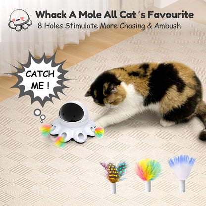 Automatic Cat Toy, 2-In-1 Interactive Cat Toys for Indoor Cats, Automatic Cat Toy, 8 Holes Mice Whack a Mole Moving Feather, USB Rechargeable Electronic Kitten Toys for All Breeds Black