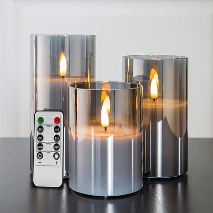 Silver Grey Glass Flameless Flickering Candles with Remote, 3 Pack Realistic LED Fake Candles ∅ 3" H 4" 5" 6"