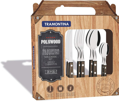 Cutlery Set with Steak Knives, 24 Piece Sharp Knife, Forks, Teaspoons, Tablespoons with Wooden Handles, ‎Camping, Kitchen, Rustic, Dishwasher Safe, 21199905