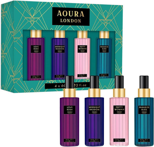 LONDON Collection Set Womens Body Mist Gift Set, with Midnight Passion, Love Rush, Pretty Woman, & Paradise Bliss, Fragrance Spray Set (4X60Ml)