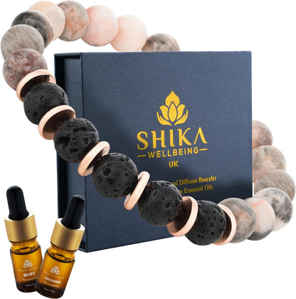 Shika Wellbeing Relaxation Gift for Women Anxiety Relief Lava Bracelet with Lavender & Bliss Essential Oils Aromatherapy Wellness Gift Set Crystal Healing Gift Set