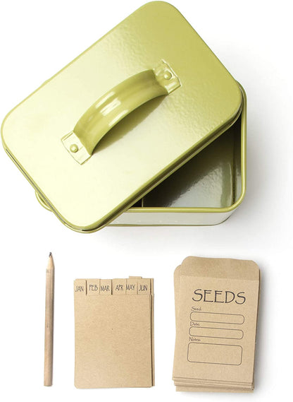 Steel Seed Storage Box Organiser in Green. Compact Seed Packet Container with Lid Complete with Monthly Dividers, 20 Envelopes and Pencil