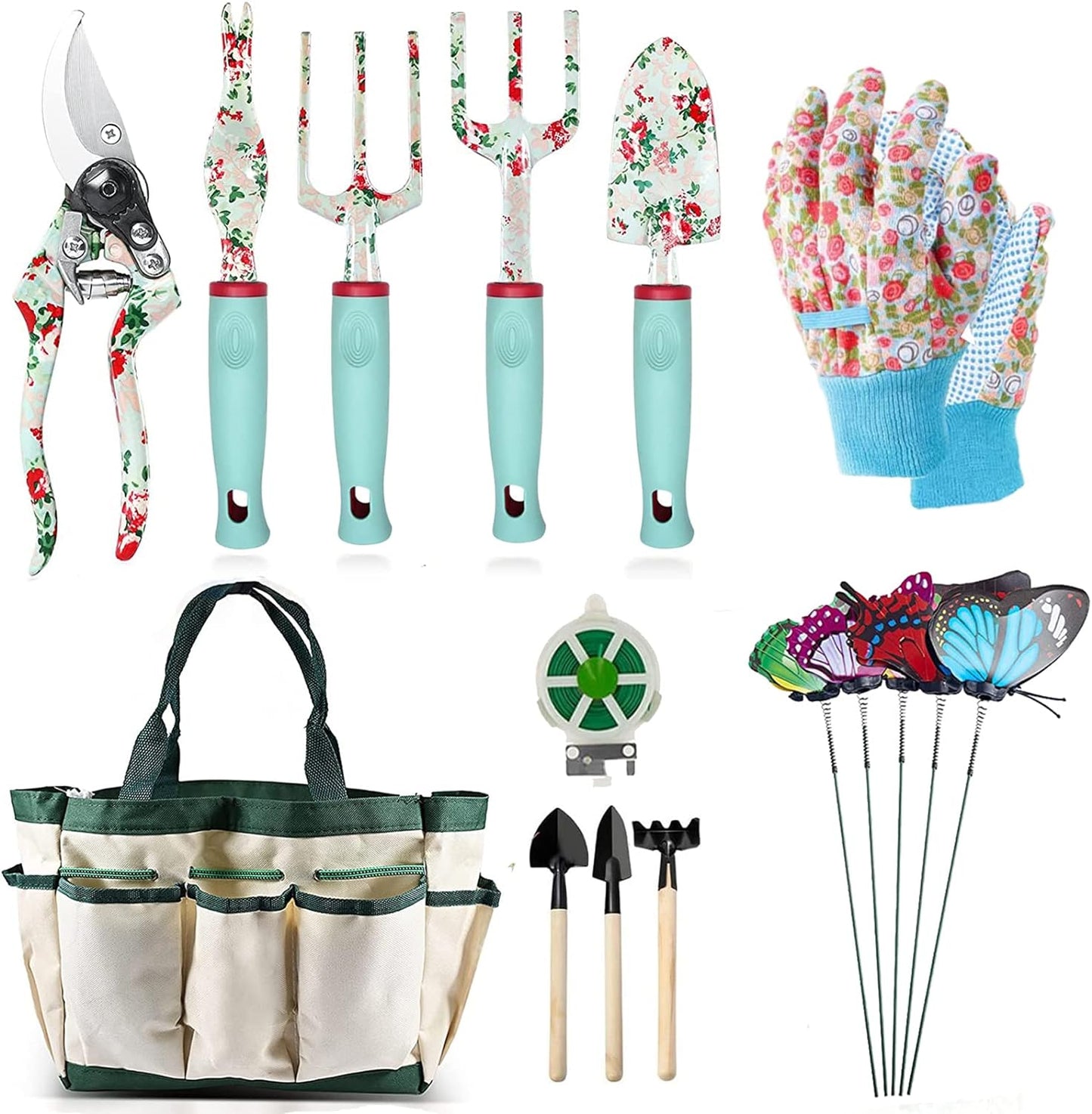 Garden Tools Set，16 Piece Floral Gardening Hand Tool Gift Kits Gardening Gifts for Women & Men, with Pruning Shears & X-Large Handle Storage Tote，Heavy Duty Gardening Tools