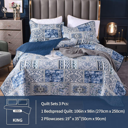 Bedspreads Super King 3 Pcs Reversible Blue Patchwork Quilt Bedspread 250X270Cm, Lightweight Soft Cotton King Size Bedspreads and Throws with Pillowcases