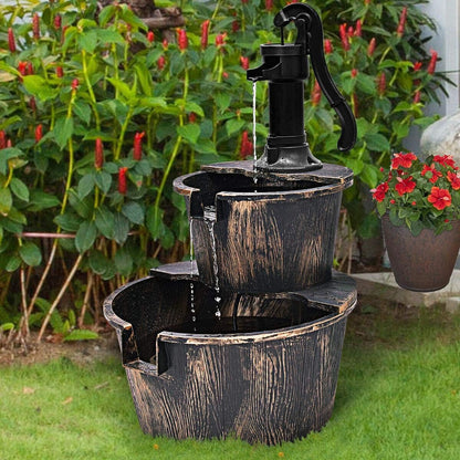 Electric Outdoor Wooden Effect Plastic 2 Tier Barrel Waterfall Fountain Cascading Water Fountain Pump Patio Deck Feature Ornament