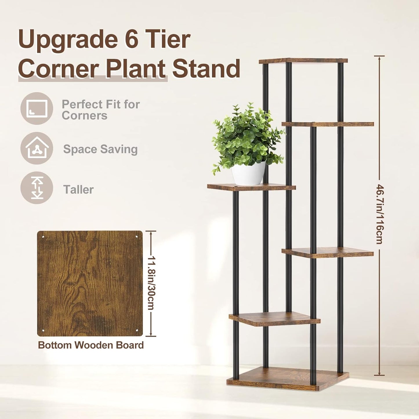 6 Tier Tall Corner Plant Stands Indoor Outdoor, 115Cm Large Metal Wood Plant Stand Flower Shelf for Multiple Plants, Tiered Plant Holder Rack for Balcony Garden Patio Living Room (Black)