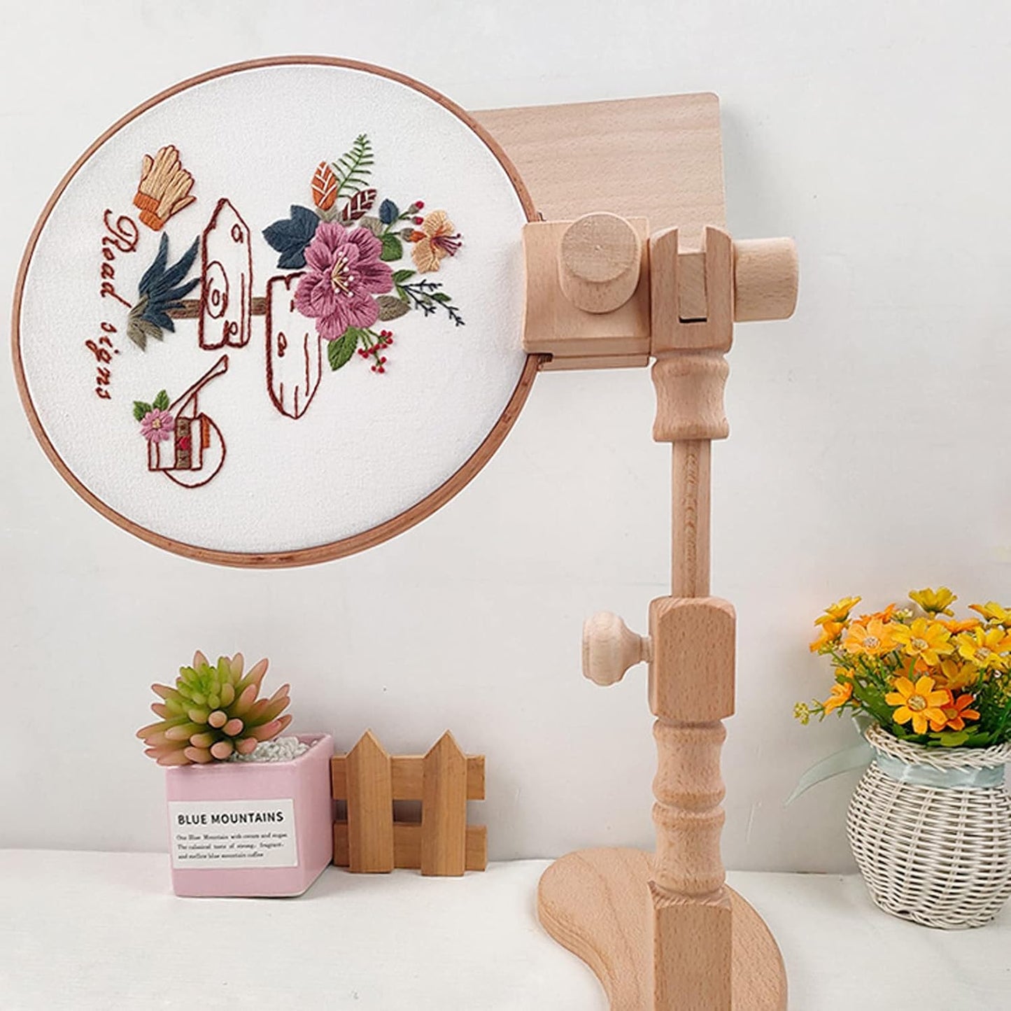 Adjustable Rotated Embroidery Hoop Stand, Cross Stitch Stand Lap, Natural Beech Wood Embroidery Hoop Holder with Pattern Splint, Hands Free Embroidery Frame Stand for Art Craft Sewing