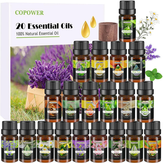 Essential Oils for Diffusers for Home,  20 X10Ml Diffuser Oils Fragrance with Diffuser Wood, [Aroma Secrets] 100% Pure Aromatherapy Oil, Lavender, Lemon, Rosemary, Frankincense, Eucalyptus.