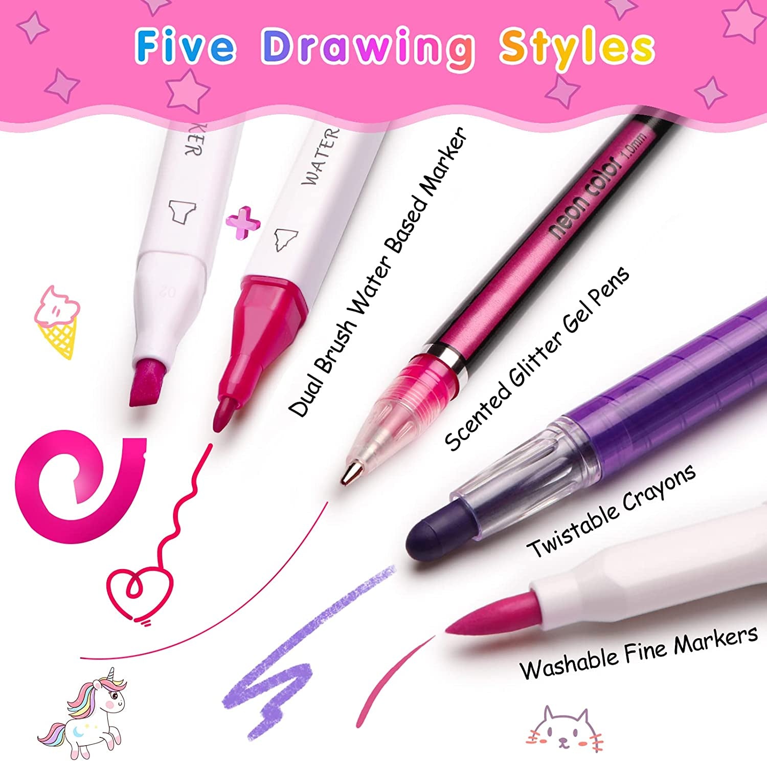 Unicorn Gifts for 3 4 5 6 7 Year Old Girls, Arts and Crafts for Kids 3-5 6-12, Fruit Scented Washable Markers Stationery Set, Travel Art Drawing Colouring Set for Girls