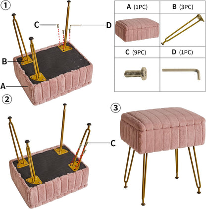 Stool Chair with Storage Space, Footrest Footstool Ottoman, Small Side Table, with 4 Metal Legs, with Anti-Slip Feet, for Makeup Room, Bedroom, Faux Fur, Pink L/G-50P